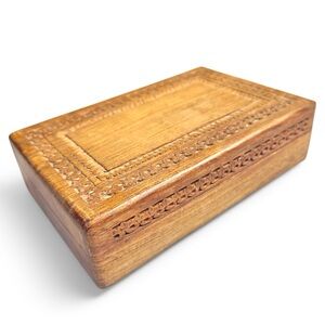 Vintage‎ Hand-Carved Natural Wood Box India Made Rustic Jewelry Trinket Keepsake